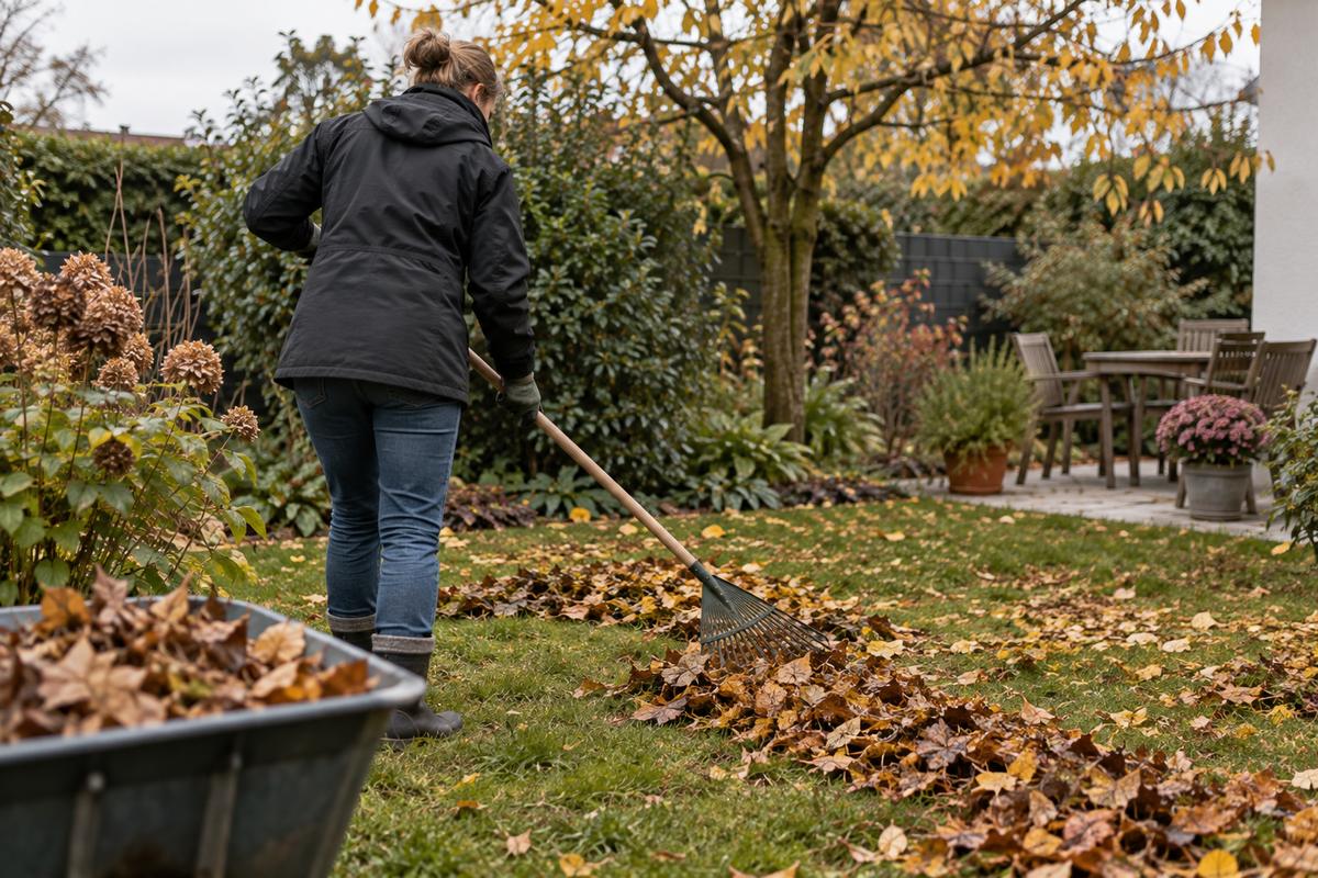 Eine Person recht Laub auf einer Rasenfläche in einem Garten.