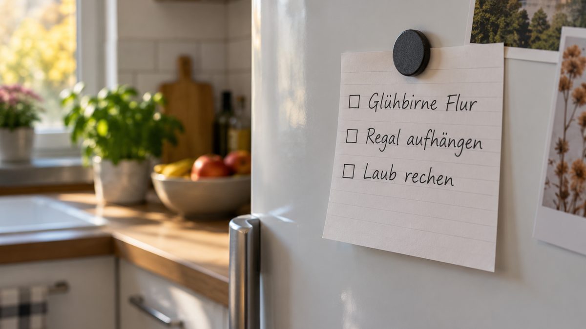 Ein Zettel mit den Aufgaben „Glühbirne Flur“, „Regal aufhängen“ und „Laub rechen“ hängt an einer Kühlschranktür.